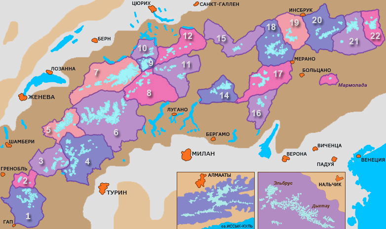 Обзорная карта высокогорных районов Альп